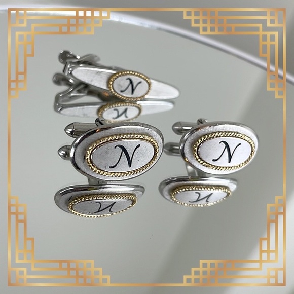 💕Very Handsome Two Tone Monogram N Cufflinks & Tie Clip Set💕 - Picture 4 of 7